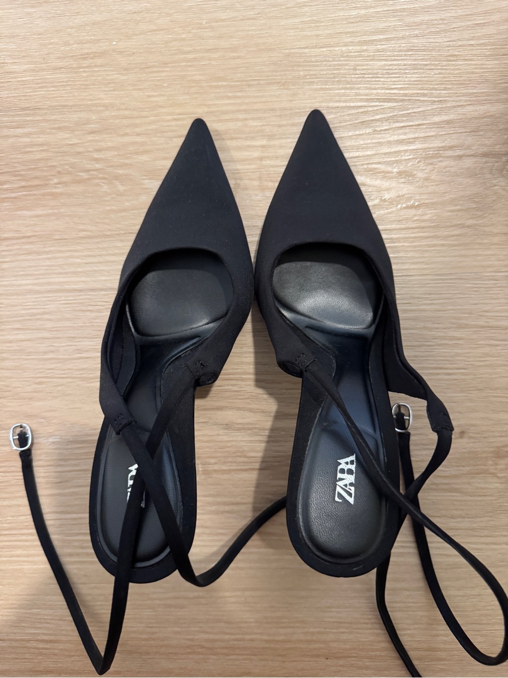 ZARA Black Pointed Slingback Heels with Ankle Straps